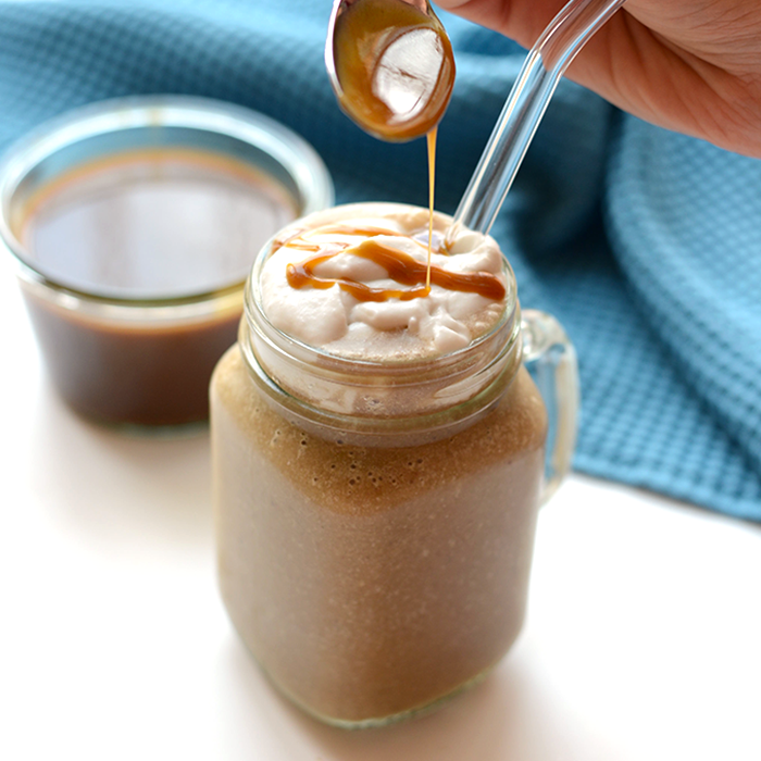Have your coffee and breakfast too! Make this salted caramel frappe for a delicious, paleo-friendly breakfast made with frozen banana, coffee, and homemade caramel!
