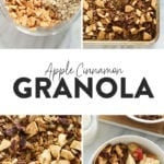 Apple cinnamon granola in a bowl and on a pan.