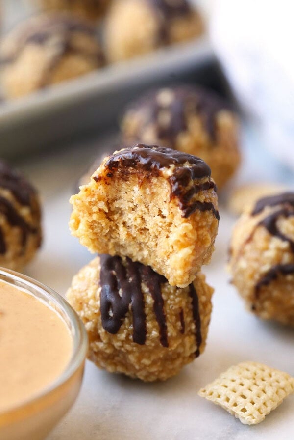 Peanut butter energy bites with chocolate dipping.