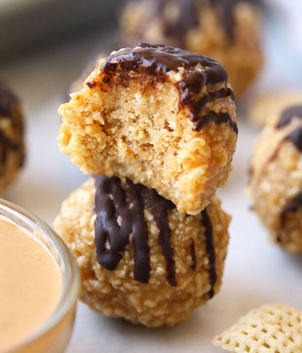 Crunchy no bake peanut butter balls stacked