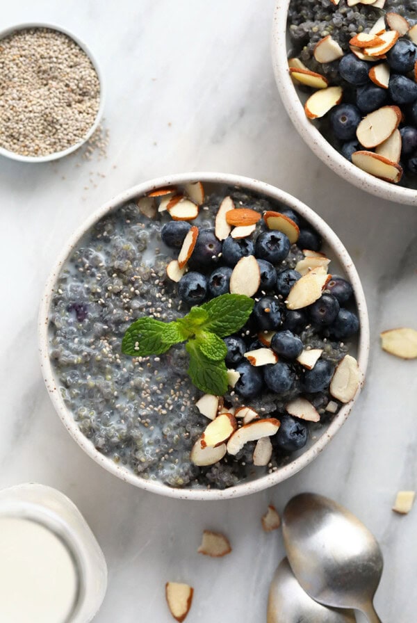 Blueberry breakfast quinoa in a bowl.