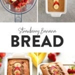 A compilation of images featuring strawberry banana bread.