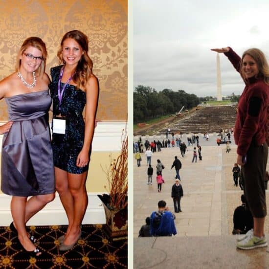 two pictures of women posing in front of a monument.