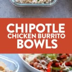 Save your money and make your own affordable Copycat Chipotle Chicken Burrito Bowls at home! These healthy chicken burrito bowls are made just like the real thing made with baked chicken, cilantro lime brown rice, beans, and fajita veggies, and your favorite toppings!