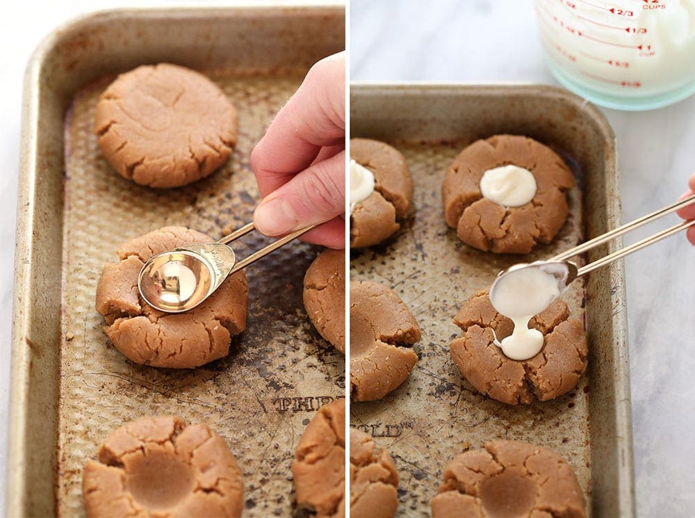 Making thumbprints in the middle of the cookies with a 1/2 teaspoon 