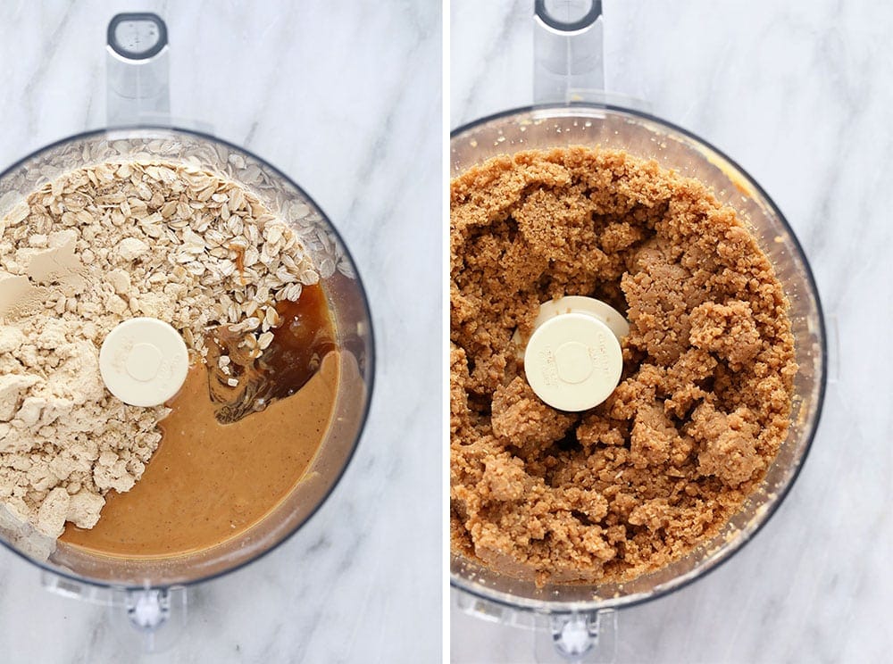 Before and after photos of ingredients in a food processor 