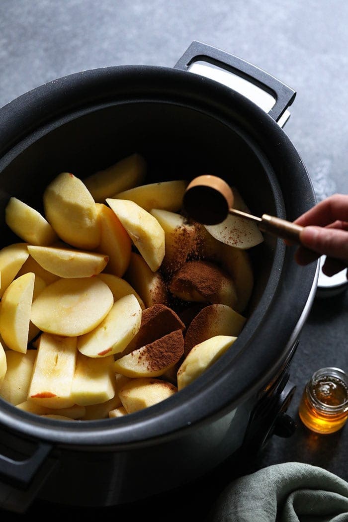 Sliced apples in a crockpot