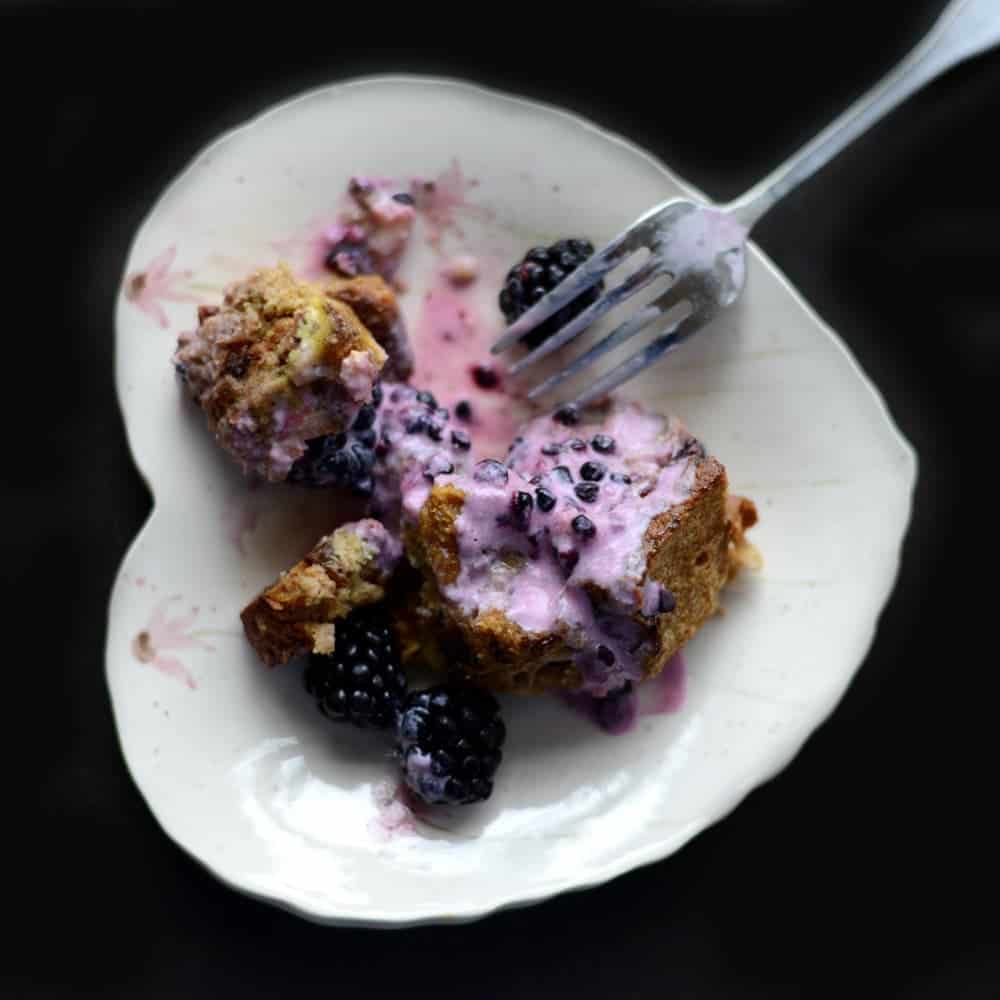 Coconut Cinnamon Raisin French Toast Bake with Blackberry Greek Yogurt Sauce