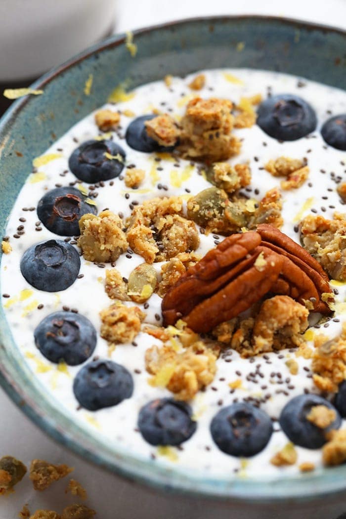 This chia yogurt bowl is packed with fiber, low in sugar, and is the perfect breakfast to fuel you for the day!