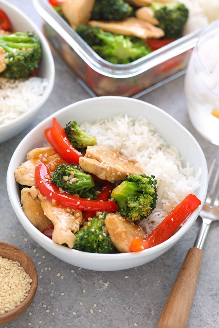 Chicken and broccoli stir fry in a bowl.