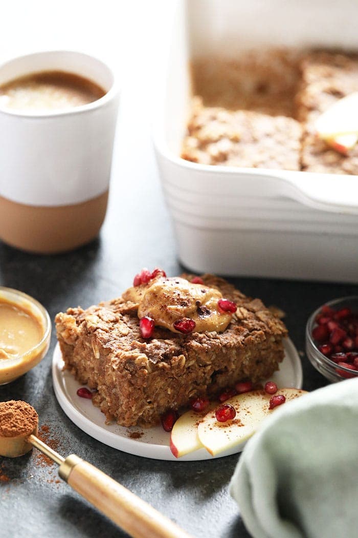 Slice of oatmeal bake on a plate.