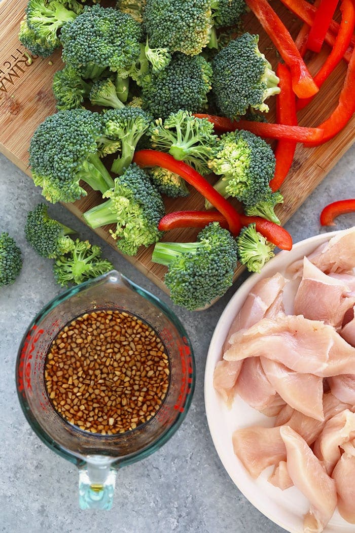 Chicken and broccoli stir fry ingredients.