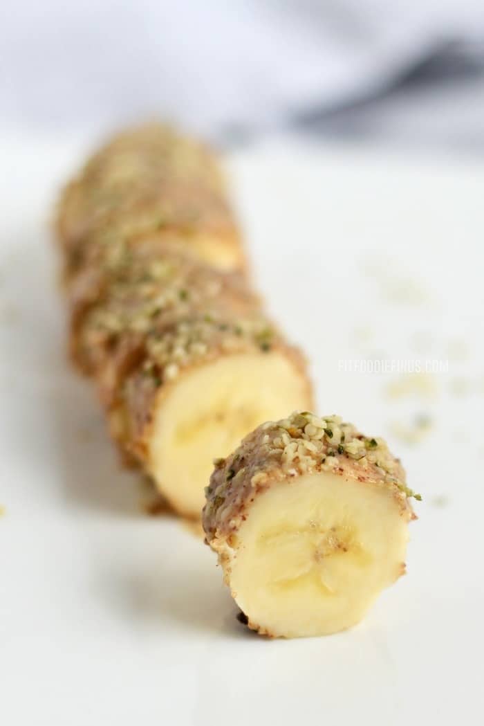 Almond Butter Hemp Seed Banana Sushi a delicious vegan snack packed with 10 grams of protein!