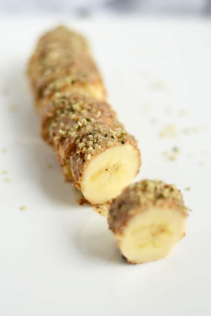 Almond Butter Hemp Seed Banana Sushi a delicious vegan snack packed with 10 grams of protein!