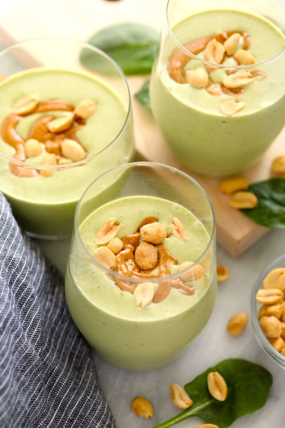 Peanut Butter Green Smoothie in three glasses