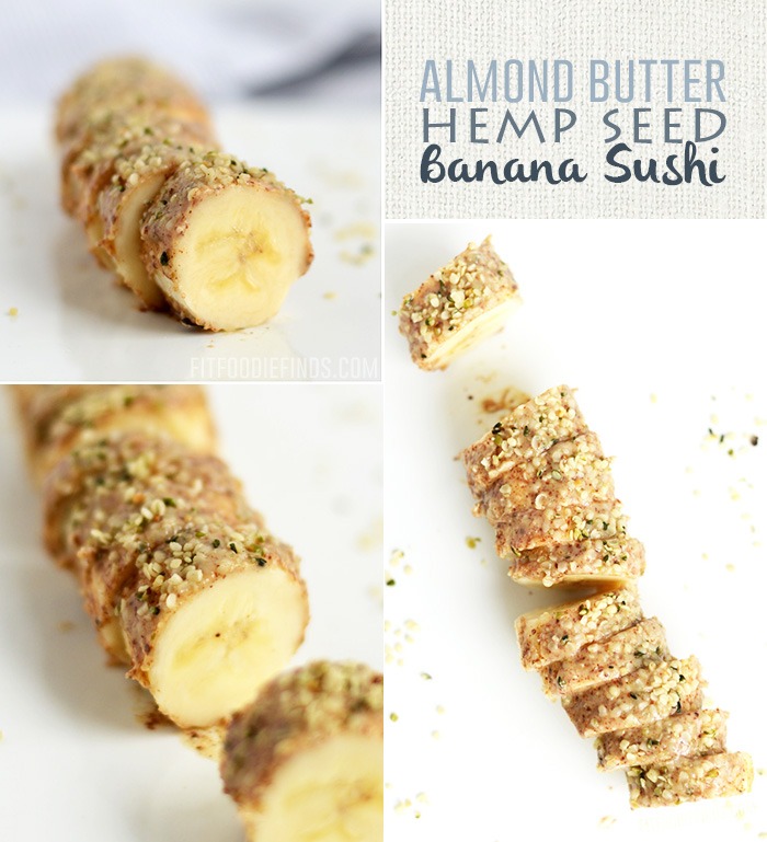 Almond Butter Hemp Seed Banana Sushi a delicious vegan snack packed with 10 grams of protein!