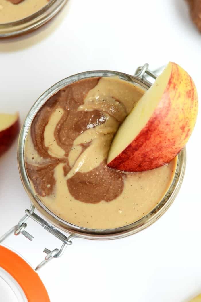 Apples dipped in Chocolate Vanilla Swirl Cashew Butter. 