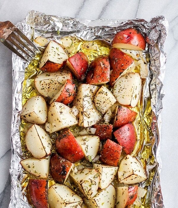 grilled potatoes on tin foil