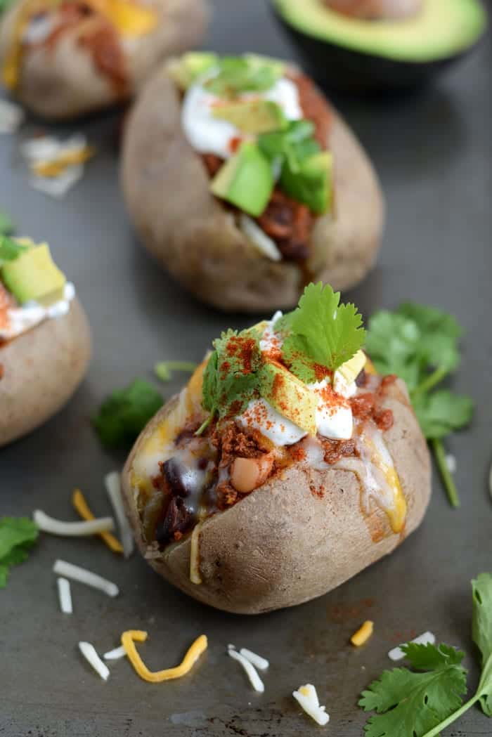 Crock-Pot Three Bean Chili Baked Potatoes - Fit Foodie Finds