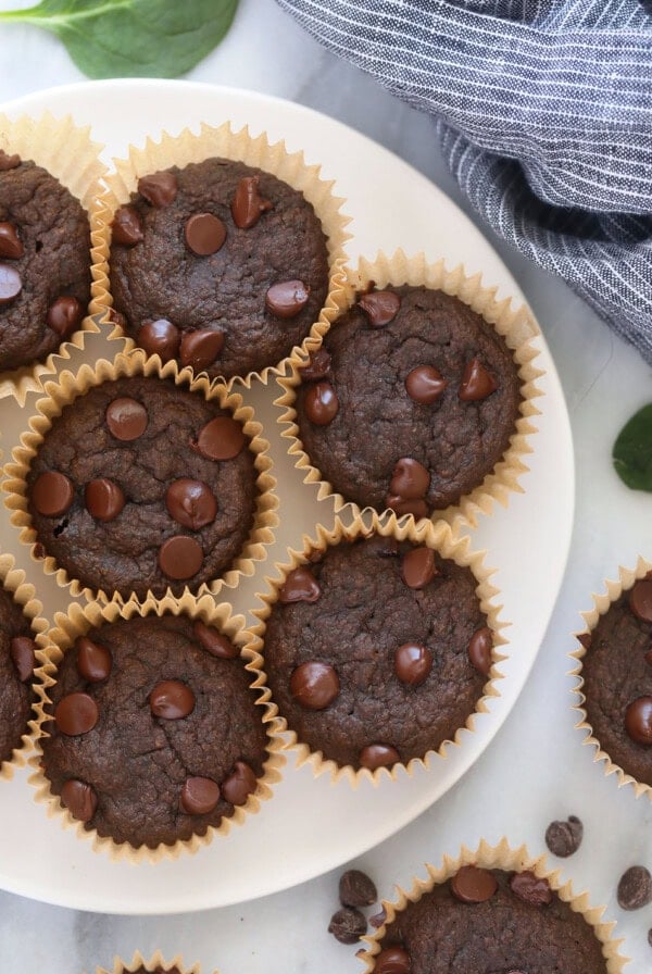 Healthy chocolate chip muffins on a white plate.