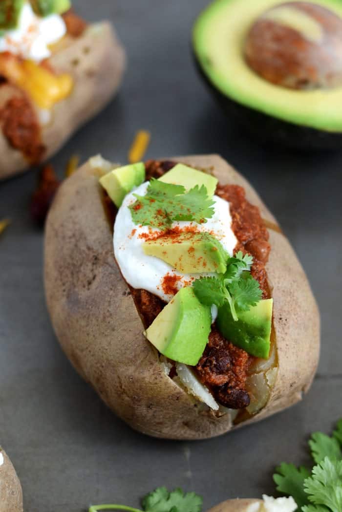 Crock-Pot Three Bean Chili Baked Potatoes - Fit Foodie Finds