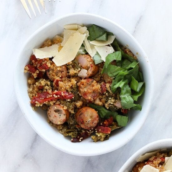 A quinoa casserole with sausage and spinach.