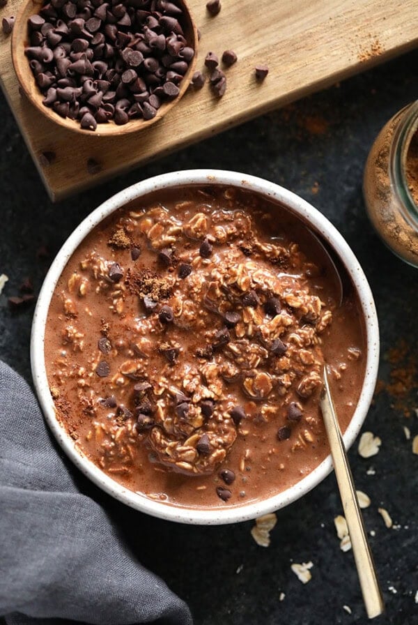 a bowl of vegan overnight oats with chocolate chips