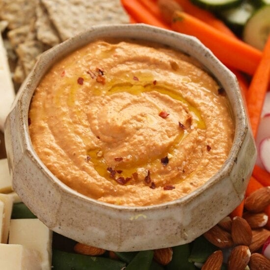roasted red pepper hummus in a bowl