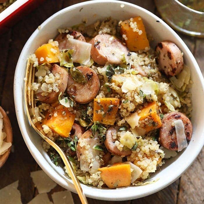 image of Chicken Apple Sausage Quinoa Casserole With Shredded Brussel Sprouts recipe by Fit Foodie Finds