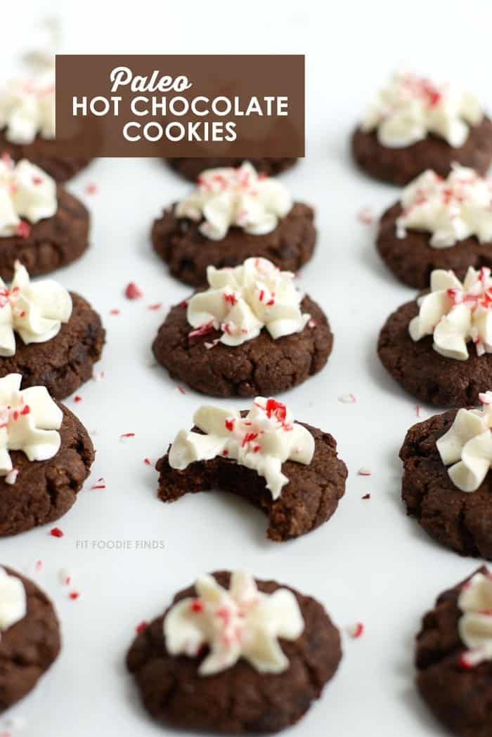 Image shows several rows of chocolate cookies with text that reads "Paleo Hot Chocolate Cookies"