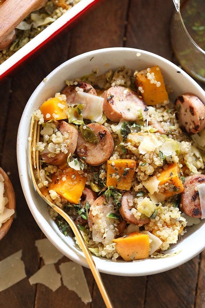 Chicken Apple Sausage Quinoa Casserole With Shredded Brussel Sprouts Fit Foodie Finds