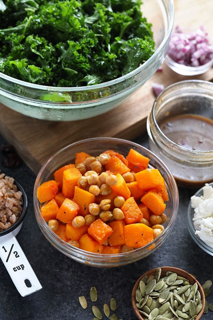 Roasted butternut squash and chickpeas in a bowl. 