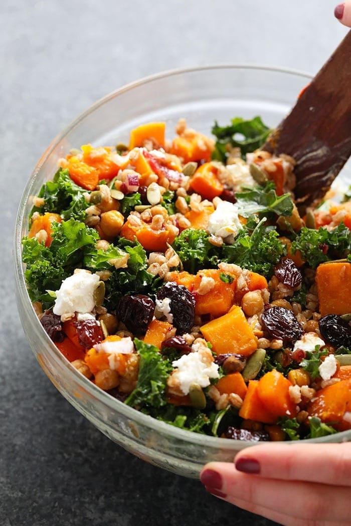 Roasted Butternut Squash Kale Salad - High Protein Vegetarian Recipes