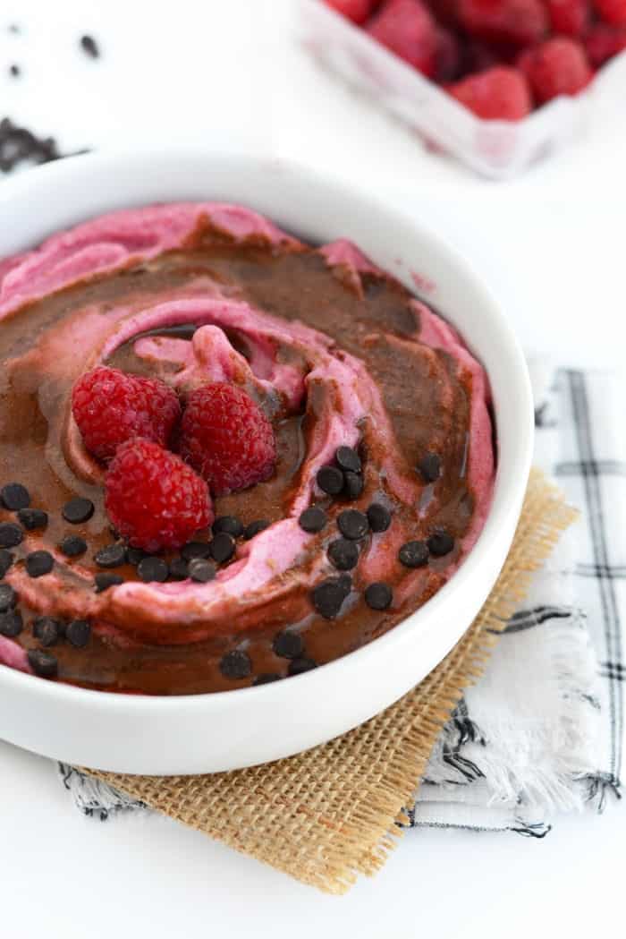 Raspberry Banana Soft Serve with Chocolate Swirl | Fit Foodie Finds