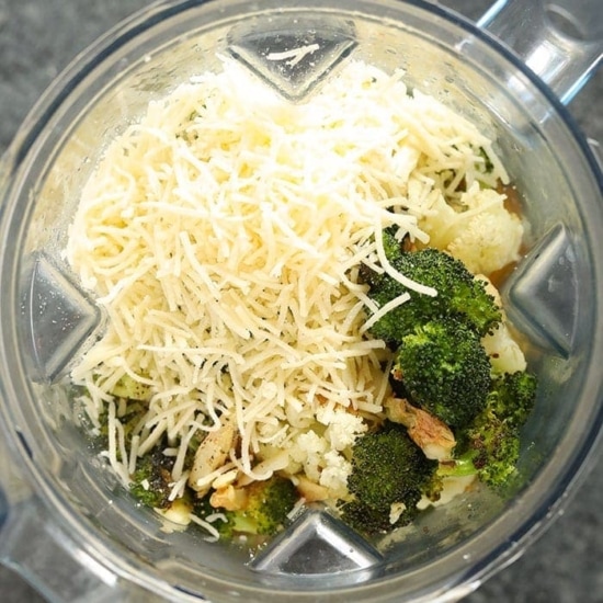 A lightened up broccoli cheese soup made in a blender.