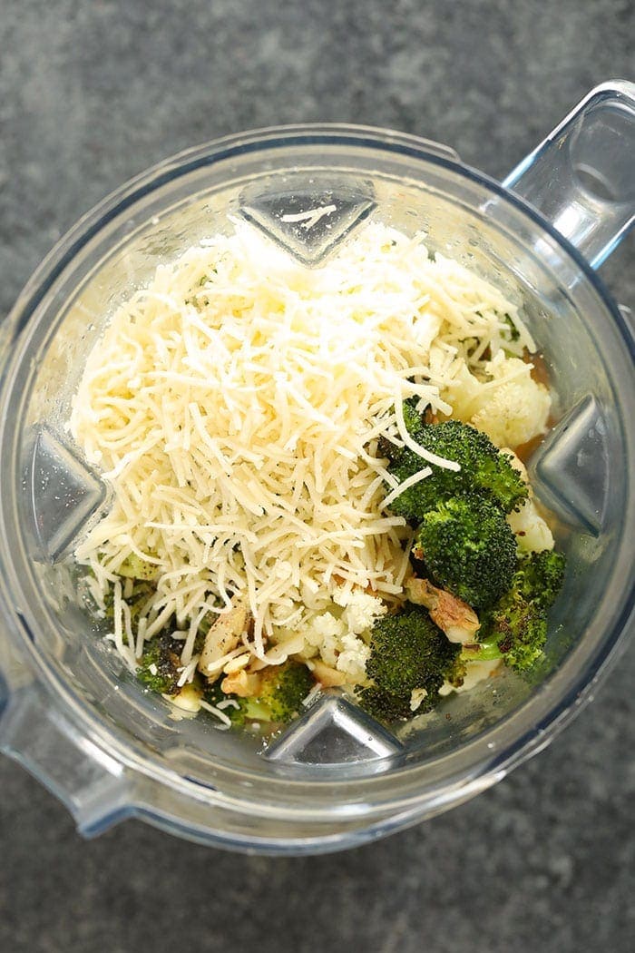All ingredients for the broccoli cheese soup in a vitamix