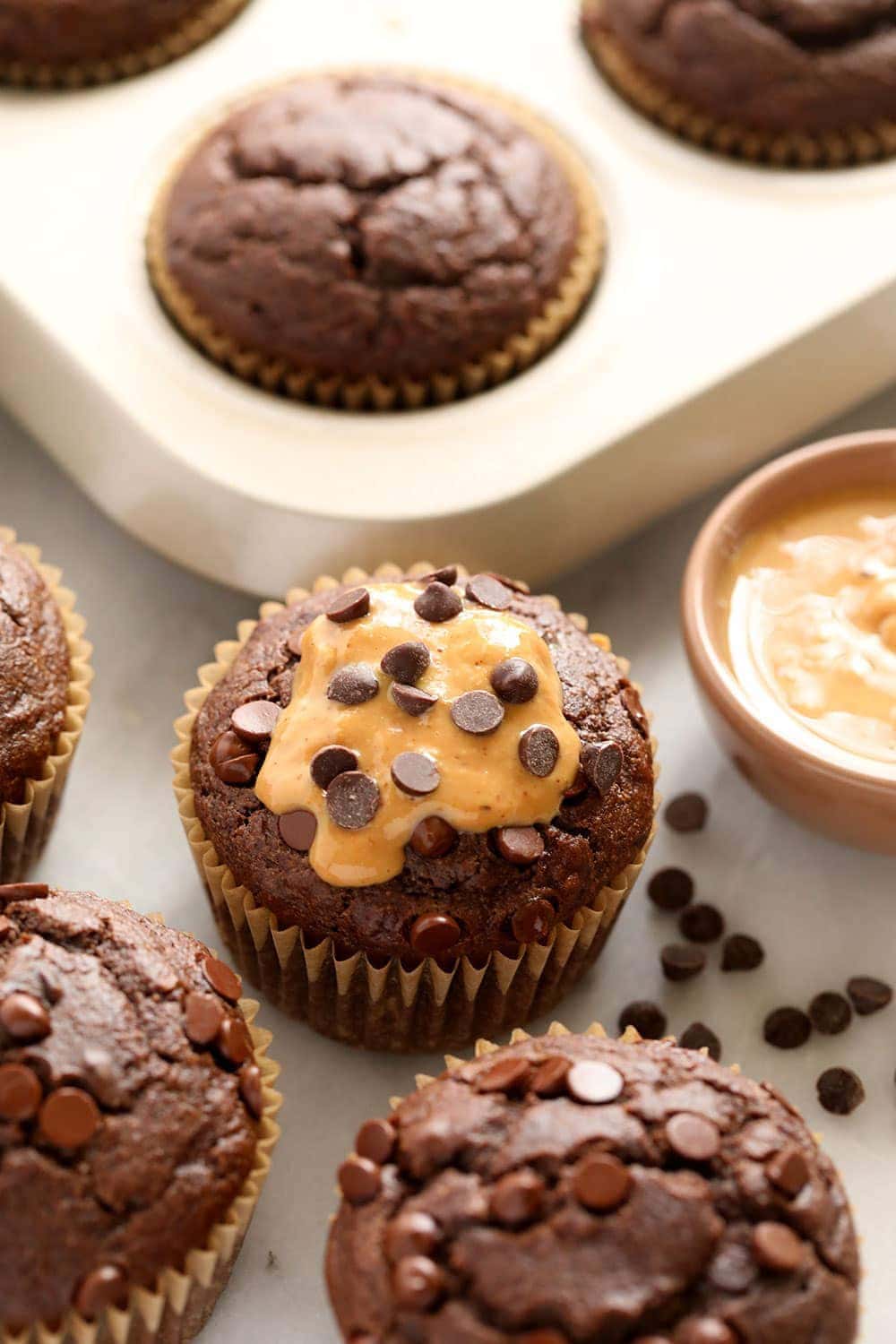 chocolate peanut butter muffins with chocolate chips
