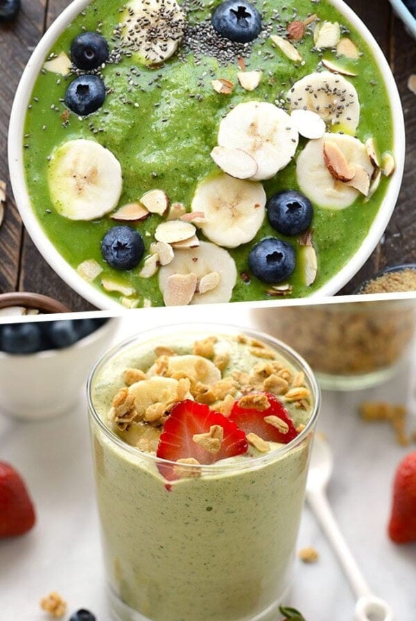 Two pictures of smoothies made with green ingredients like berries and granola.