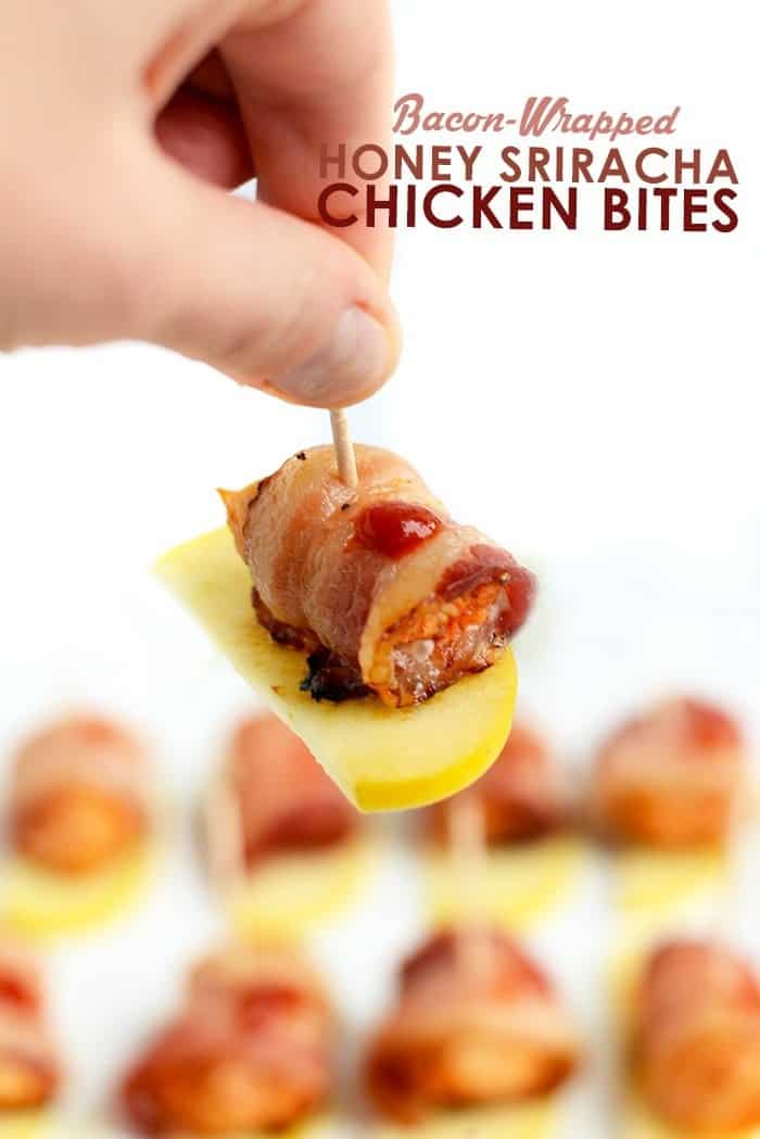 Serve these Bacon-Wrapped Honey Sriracha Chicken Bites on a piece of apple for the most delicious, paleo-friendly appetizer that only takes 30 minutes to make!