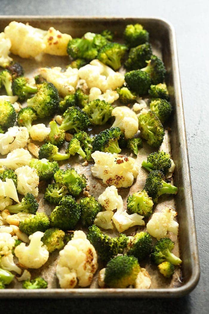 Roasted cauliflower and broccoli on a pan