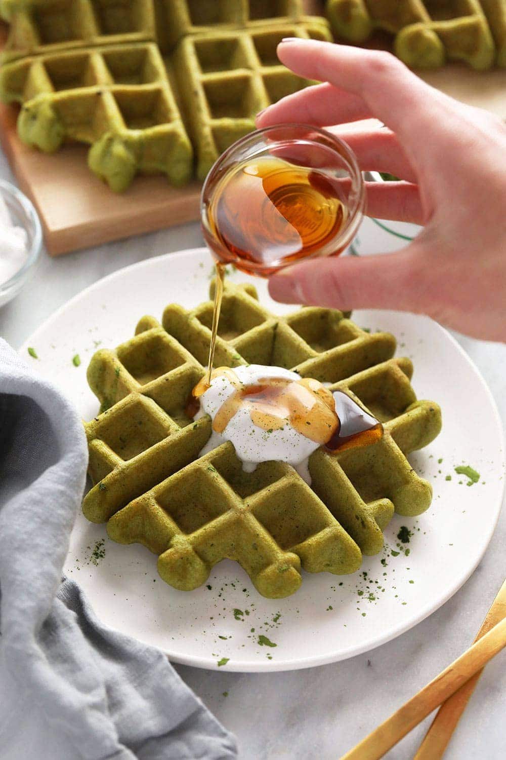 green tea waffles with syrup