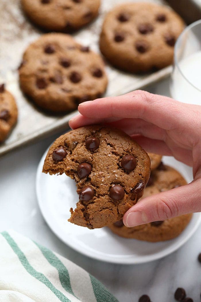 These Paleo Cashew Butter Cookies are grain-free and oil-free, made with coconut sugar for sweetness. They taste exactly like a Tollhouse Chocolate Chip Cookie!