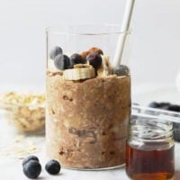 French Toast Overnight Oats with blueberries and bananas.