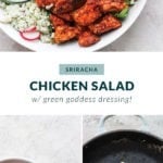 A tangy and spicy sriracha chicken salad sizzling in a frying pan.