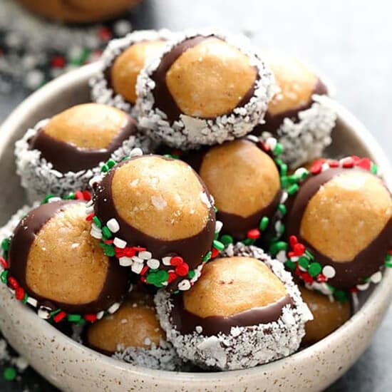Healthy chocolate covered peanut butter balls.