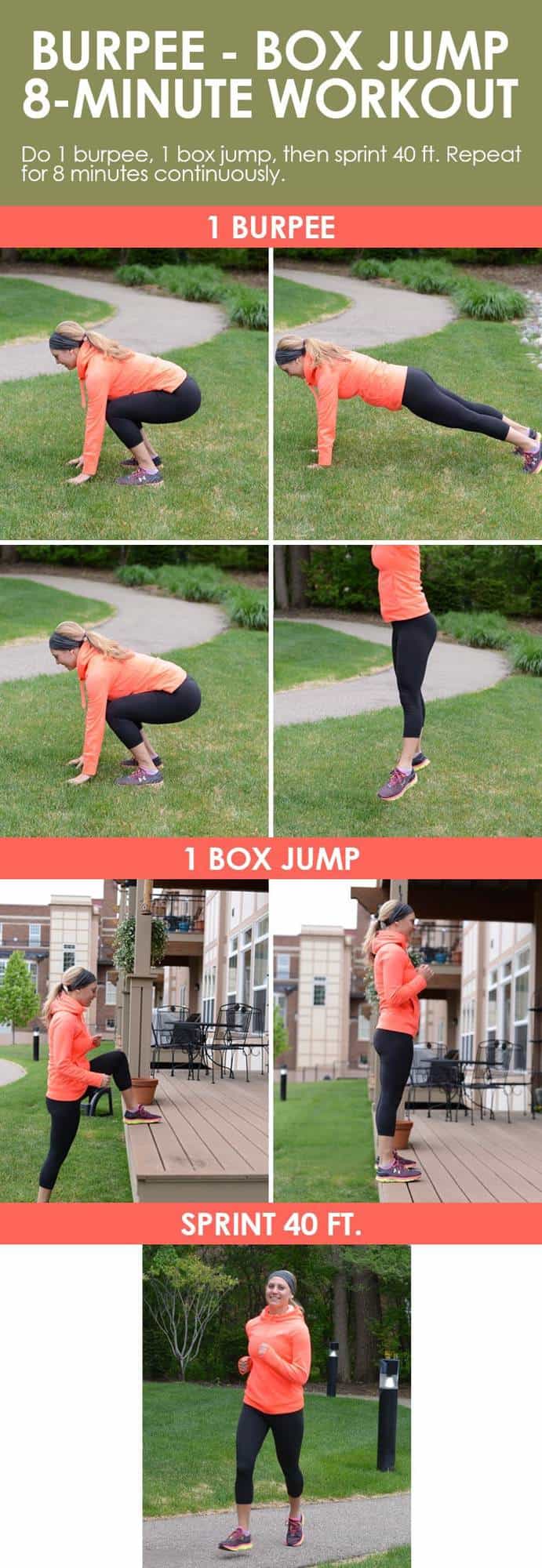 Do this Burpee Box Jump 8-Minute Workout for a challenging, yet quick workout that will get your heart rate up and burn calories! 
