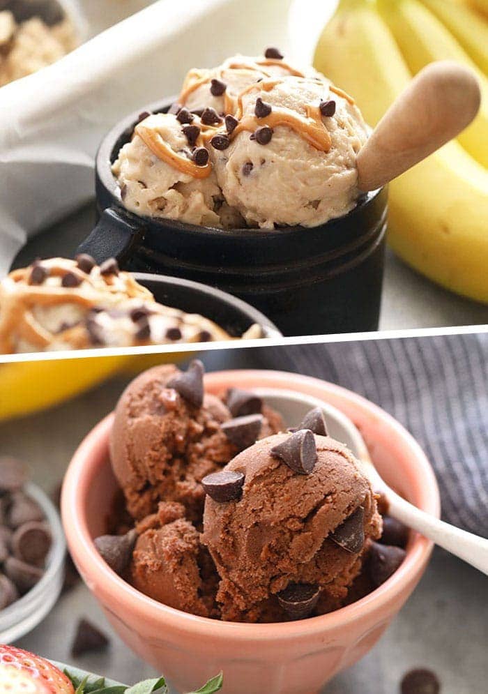 Two pictures of banana nice cream with chocolate chips.