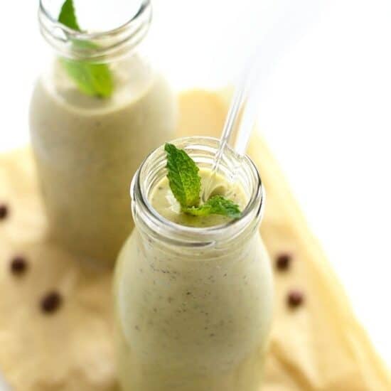 two jars of avocado mint smoothie.