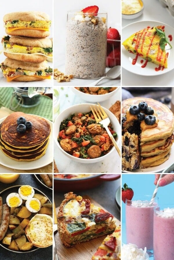 a collage of high protein breakfast foods.