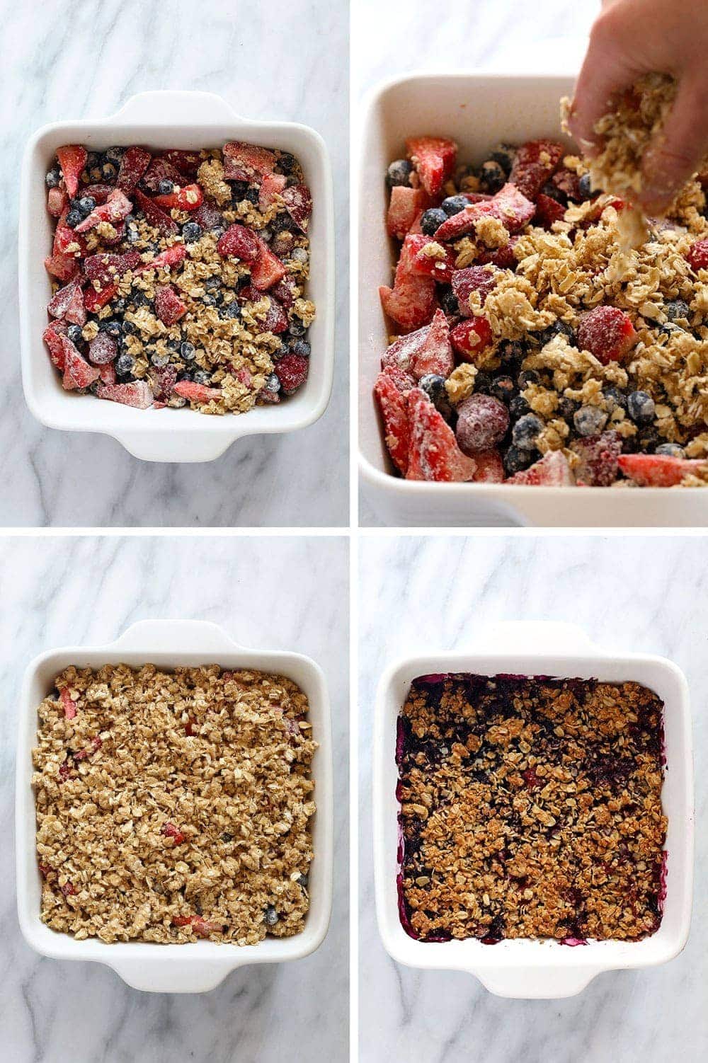 process photos preparing the berry crisp in a white dish